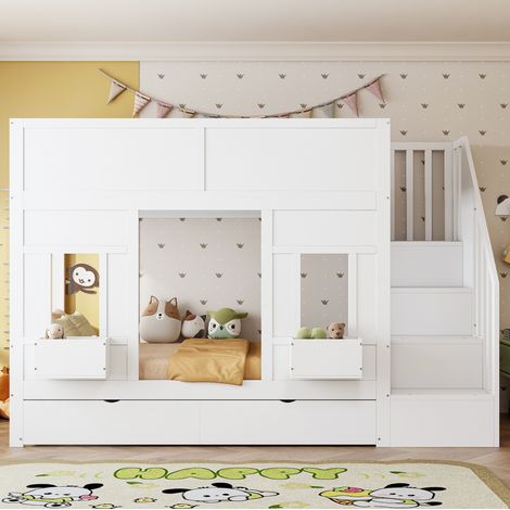 lit enfant rangement 90x200 bois blanc avec escalier OKMYHOME