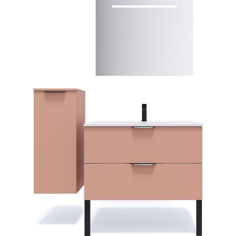 Meuble de salle de bain suspendu vasque intégrée 90cm 2 tiroirs Abricot + miroir + colonne ouverture gauche - Soho (1/5)