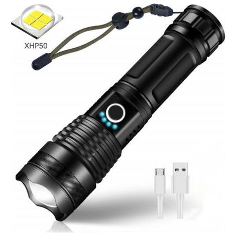 Wiederaufladbare LED-Taschenlampe mit 3000 Lumen – CREE XHP50 – 5 Leuchtmodi – IP65 wasserdicht – Zoomfunktion für Camping und Wandern (1/5)