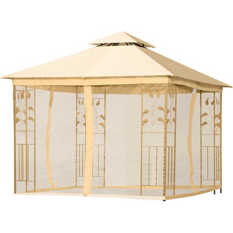 Gazebo de luxe 3 x 3 m – Pavillon à double toit, tente de réception avec panneaux latéraux, chapiteau style pagode, beige – Élégance asiatique (1/5)