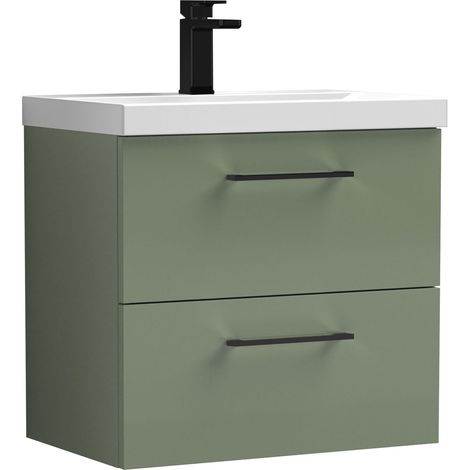 Balterley 600mm Wall Hung Bathroom 2 Drawer Vanity Unit and 1 Tap Hole Ceramic Basin, Satin Green with Black Handles