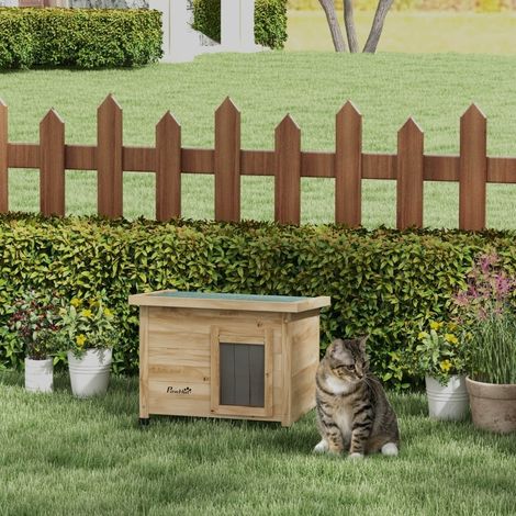 Caseta para gato 57x45x43 cm de madera natural, techo inclinado, resistente para exterior – MEUBLIV (1/5)