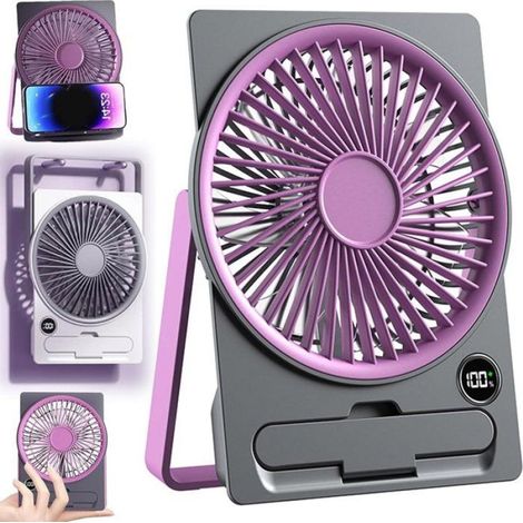 Ventilateur USB - Rechargeable Par Port Micro-USB - Orientation 180° Réglable - 6 Vitesses Avec Affichage LCD - Violet - 1 Pièce (1/5)