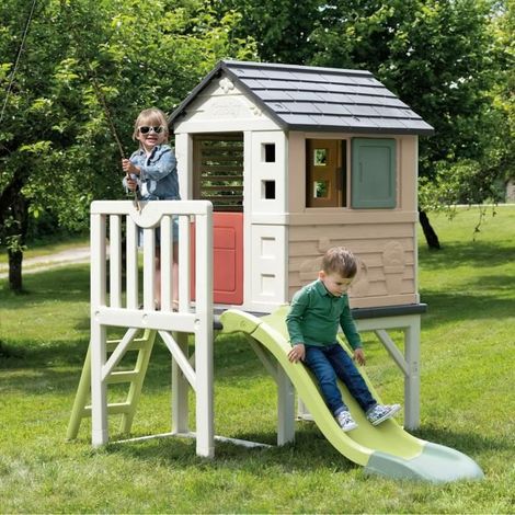 Cabane Sur Pilotis Wendi Toys M27R-K – Double Balançoire, Cuisine, Bac à Sable, Plateforme 90 Cm, Bois FSC, 192x405x242 Cm, Rouge