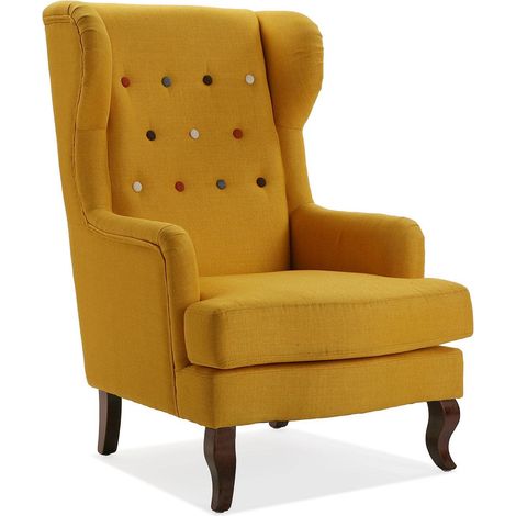 Fauteuil Chesterfield pour Salon, Chambre ou Salle à Manger, Canapé Confortable et différent, avec accoudoirs, Dimensions (H x l x L) 103 x 62 x 68 cm, Coton et Bois, Couleur: Jaune (1/5)