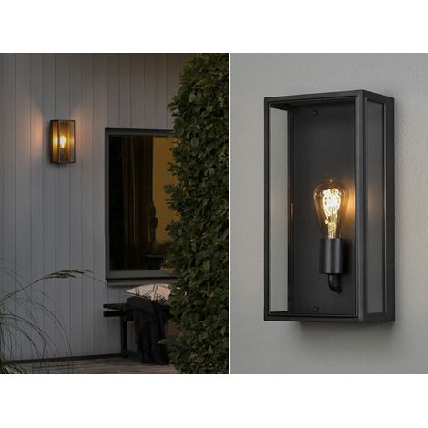 Große LED Außenwandlaterne aus Stahl Schwarz mit Klarglas, Höhe 40cm (1/5)