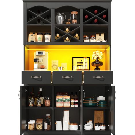 Buffet haut Cuisine avec Éclairage LED musical,3 tiroirs & 3 portes & Étagères réglables 3 niveaux,en MDF,120×40×180cm,Noir (1/5)