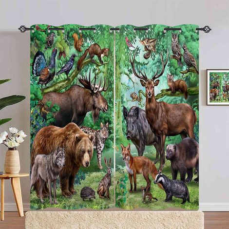 Rideau Occultant Safari Animaux Ours Loup Cerf Rideau Thermique Isolant Draperies Intérieurs Tenture Opaque à Oeillets pour Maison Chambre Salon Fenetre 2 Pièces L 140 x H 240 cm - 140L X 240H cm (2 P (1/5)