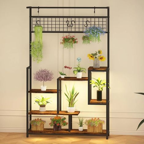 Étagère à plantes à 7 niveaux, avec lampes de croissance – Présentoir à plantes avec crochets – Étagère de rangement pour salon et balcon