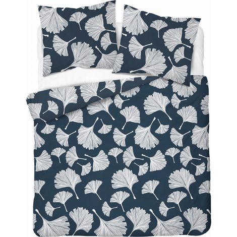 Linge de lit en coton 220x200 cm, motif fleurs et feuilles bleues (1/5)