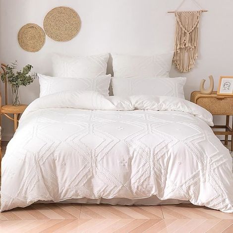 Housse de Couette Touffetée 230x260 cm 2 Personnes et 2 x Taies d\'oreiller 50x90 cm Parure de Lit Boho Motif Rayures Brodé Blanc (1/4)