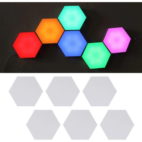 6 ensembles de lampes murales hexagonales à LED, télécommande, module géométrique tactile intelligent à monter soi-même, lumières LED RGB colorées, alimentation USB. (1/5)