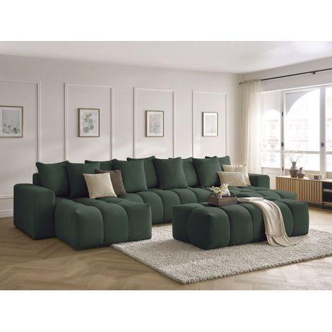 BOBOCHIC - Canapé panoramique fixe MONT-BLANC tissu chiné avec pouf Vert (1/5)