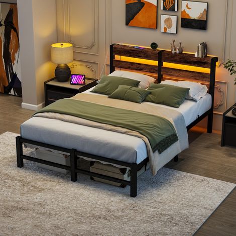 Letto 120x200 cm, struttura in metallo e legno, LED RGB, 2 porte USB, contenitore sotto letto, nero marrone (1/5)