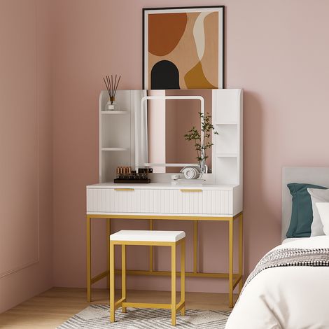 Dressing Table Set with LED Mirror, Side Shelves and Stool - White and Gold for Bedroom (1/5)