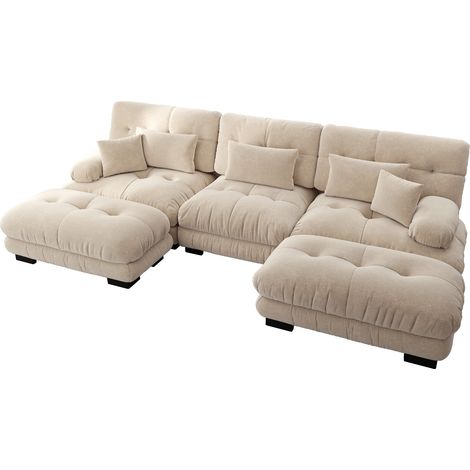 Sofá modular de esquina en U de chenilla color marrón claro con otomana, 313 x 145 x 81 cm (1/5)