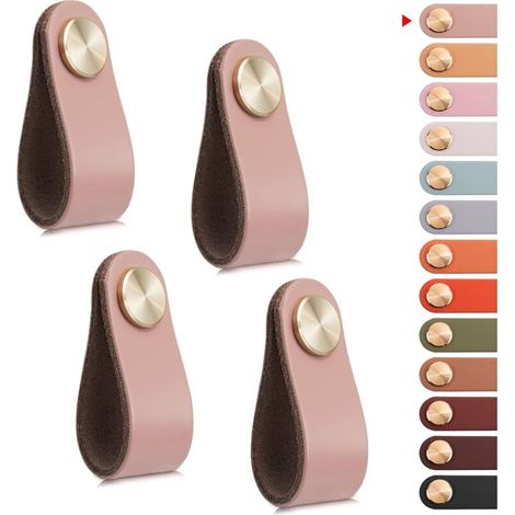 Lot de 4 poignées de meubles en cuir, poignées de porte et de tiroir, poignées de style vintage pour armoires, commodes, cuisines, salles de bains (Fle (1/5)