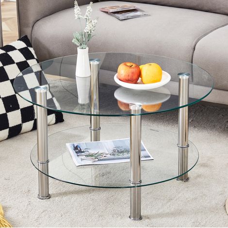 Table basse en verre à 2 niveaux, Ø 70/60 cm, pieds métalliques argentés, transparent (1/5)