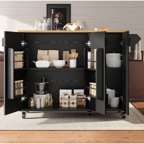 Kücheninsel 130x45x92 cm schwarz MDF mit klappbarer Arbeitsplatte, 3 Türen und Rollen (1/5)