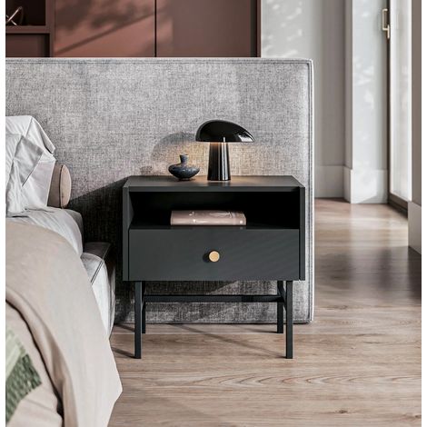 AX LIVING Nachttisch mit Schublade Dinley 55 cm Schwarz matt auf Metallgestell