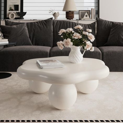 80cm Cream Cloud Shaped Coffee Table, Petal-Shaped Modern Minimalist Coffee Table with Spherical Legs, Cream White Kid & Pet Friendly Space Saving Living Room Table for Small Apartment, Cream White (1/5)