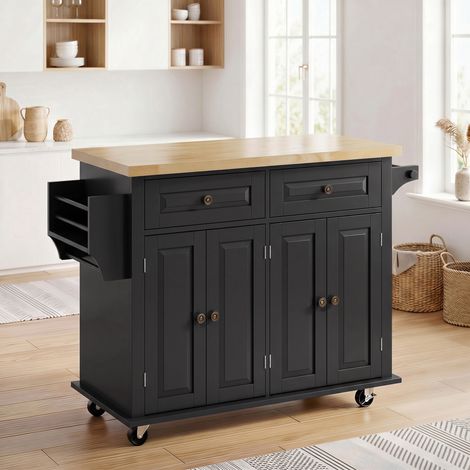 Îlot Central Cuisine avec Plateau en Hévéa, Desserte de Cuisine sur Roulettes avec 2 Tiroirs, 111 x 44,5 x 82,5 cm, Noir (1/5)
