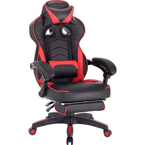Racing chaise WOLTU, Chaise de Gaming, Fauteuil de bureau avec appuie-tête et coussin lombaire, Siège en Similicuir, Noir+Rouge