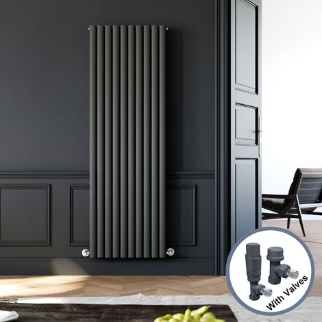 ELEGANT 1800 x 590 mm Designer Anthracite Vertical Column Rads Modern Double Oval Panel Designer Radiator + Anthracite Thermostatic Radiator Valves (1/5)