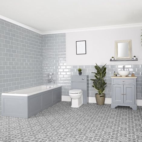 Milano Thornton Bathroom Suite with Single Ended Bath 645mm Vanity Unit with Countertop Basin and Back to Wall Toilet WC Unit - Light Grey (1/5)