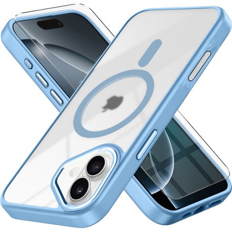 Custodia per iPhone 16, compatibile con MagSafe, finitura opaca, trasparente/blu + pellicola protettiva per lo schermo. (1/5)