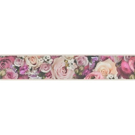 Floral Rose Wallpaper Border Self Adhesive Red Cream Green Vinyl 5 Meter (1/4)
