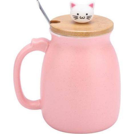 Tasse - Chat - Céramique - Couvercle Bois - 420 ml - Rose Violet (1/4)