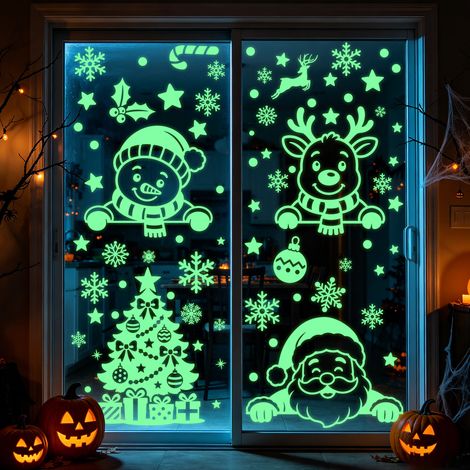 Autocollants Père Noël phosphorescents, autocollants en verre rennes fluorescents, autocollants électrostatiques flocons de neige verts lumineux, décorations de fenêtre.