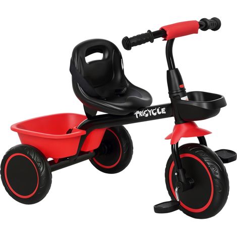 Triciclo infantil convertible con asiento ajustable, pedales, 2 cestas y cinturón de seguridad, para niños de 2 a 5 años, rojo y negro.