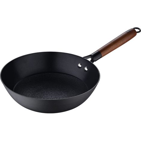 Wok en fer pressé de 24 cm, poêle à frire en céramique antiadhésive avec motif en nid d'abeille renforcé, poignée ergonomique en bois d'acacia, plaque à induction, sans toxiques (1/4)