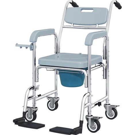 Rolling Shower Wheelchair for Seniors, Bedside Commode Chair  Locking Wheels, Seat, Backrest, Arms, Grey (1/5)