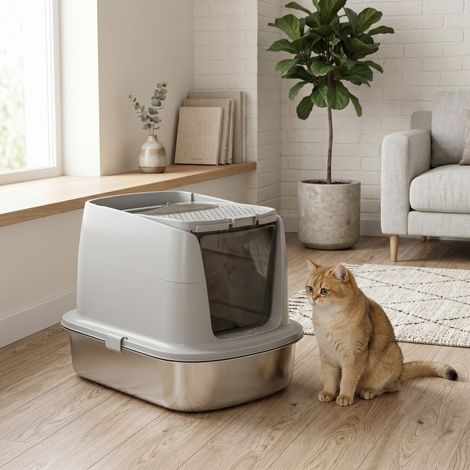 Geschlossene Katzentoilette aus Edelstahl 52,4 x 41,3 x 39,8 cm, hellgrau OKMYHOME (1/5)