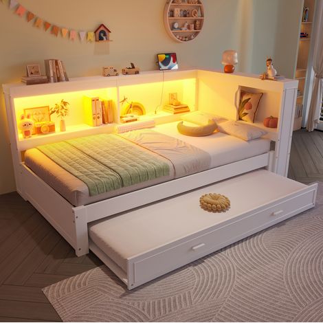 Letto bambini 90x200 cm con letto aggiuntivo 90x190 cm, illuminazione LED, presa elettrica, porta USB e porta USB Type-C, senza materasso, bianco (1/5)