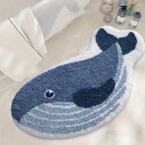 Simpatico tappeto da bagno a forma di animale, morbido tappetino assorbente, antiscivolo e lavabile, 4060 cm, con un profondo disegno di una balena. (1/5)