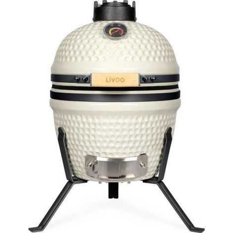 LIVOO DOC330 Kamado BBQ Ahumadora Beige y Negro, Arcilla Refractaria, Term贸metro Integrado