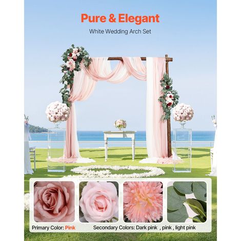 Kit décoration arche mariage artificielle, fleurs roses avec voilages (lot de 5) - 2 composants floraux, 3 voiles transparents, pour cérémonie réception fond décor (1/5)