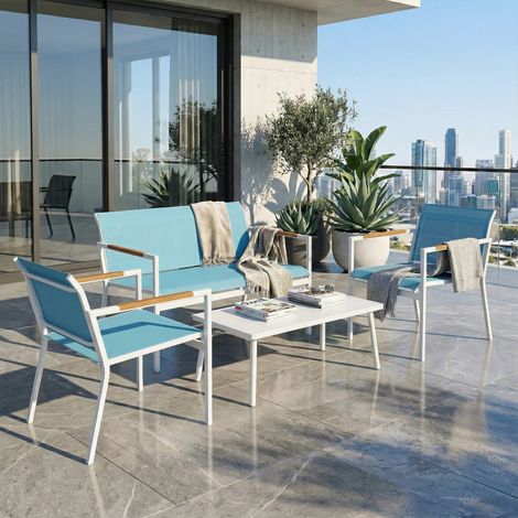 Set jardin 4 places canapé, fauteuils, table métal bleu (1/5)