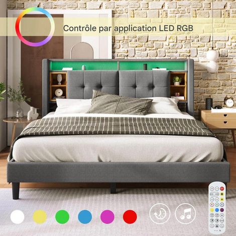 Lit double rembourré 160 x 200 cm-lit coffre et recharge USB, éclairage LED, sommier à lattes en bois- gris (sans matelas) (1/5)