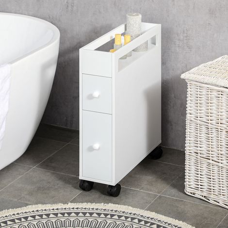Armario de baño con ruedas, diseño estrecho, dos cajones, cuatro ruedas, blanco, 16 x 49,5 x 66 cm (1/5)