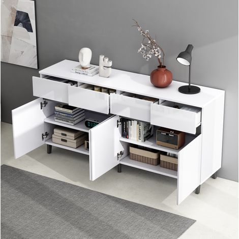 Hochglänzendes weißes Sideboard 160 x 40 x 68 cm mit 4 Schubladen und 2 Türen HAVRYA (1/5)