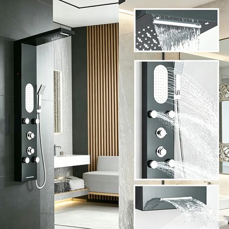 LEDANDER Système de panneau de douche de luxe noir — Colonne de douche murale multifonction avec pommeau de douche effet pluie, douchette à main, jets de massage corporel et bec cascade. (1/5)