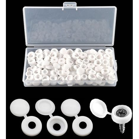 100 Pièces Bouchon à Vis en Plastique, Cache Vis à Charnière pour les Vis Nombre 6/8, avec Boîte de Rangement, Couvercles à Bouton-Pression à Vis pour Meubles, Placards, Étagères, Blanc
