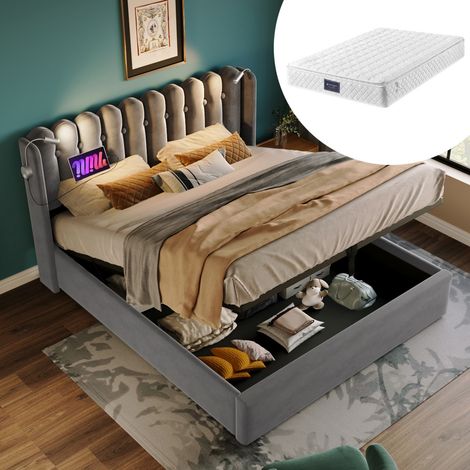 Lit double 140x200 - Velours Gris, Tête de Lit Rembourrée avec Lampe et Charge USB, Sommier et Rangement (avec matelas) (1/5)