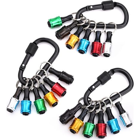 Portapuntas de destornillador hexagonal de 1/4 de pulgada fabricado en aleación de aluminio, extensión, adaptador de tornillo, llavero portátil (3 x 6 piezas, color con mosquetón negro) (1/5)