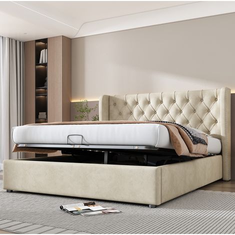 Bett mit Stauraum Samt Beige 160x200 cm, Chesterfield-Polsterbett mit Lattenrost und hydraulischem Bettkasten (1/5)
